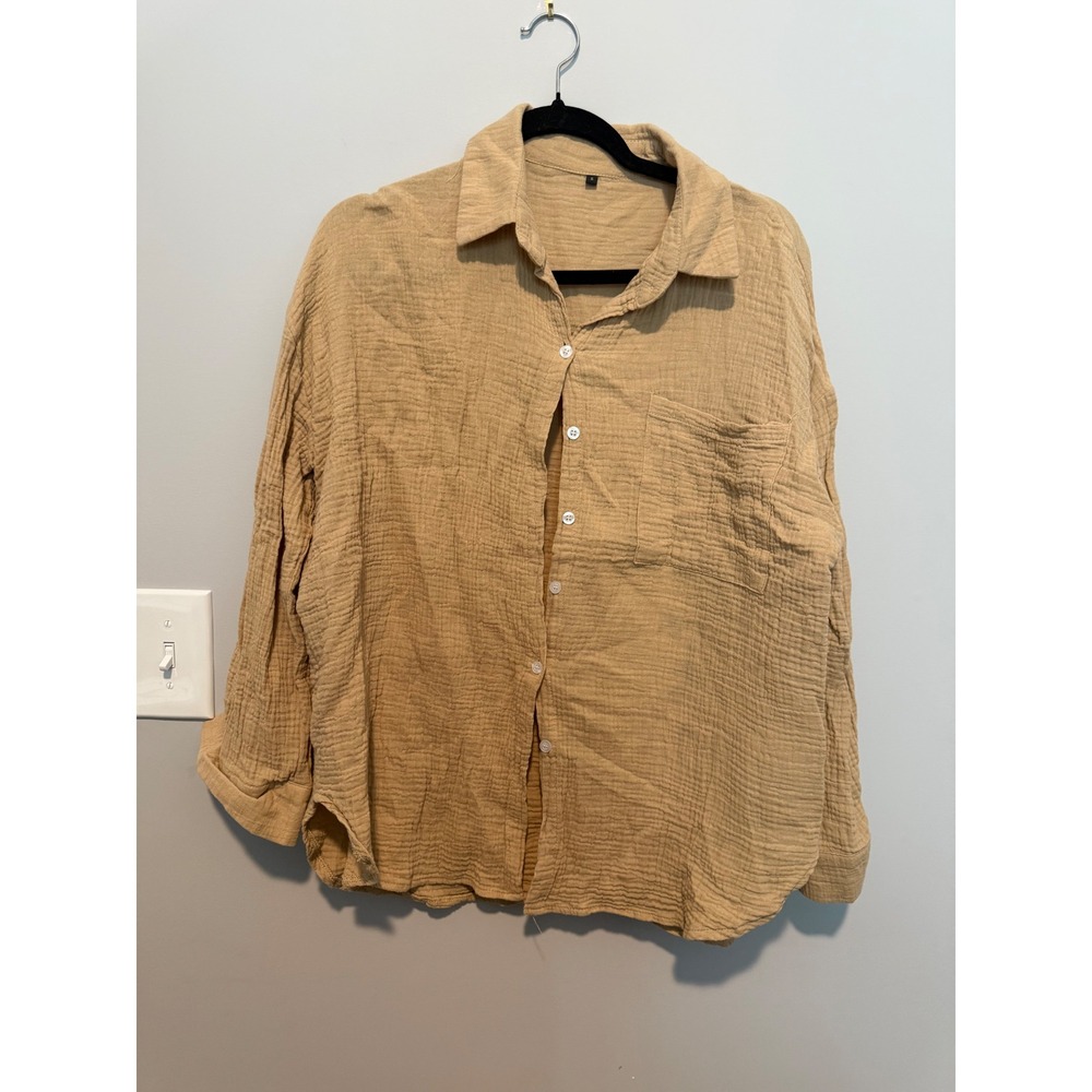 SHEIN Women Tan Cotton Gauze Button Down Shirt Long Sleeve Crinkle Top Small